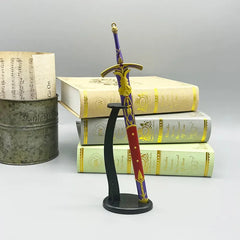 Anime-style zinc alloy sword replica with ornate purple and gold details on display stand