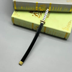 Anime-style 1:6 zinc alloy katana replica with black sheath, displayed on books