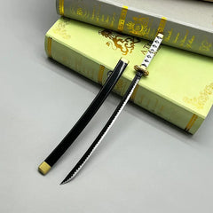 1:6 scale anime-style zinc alloy katana replica with black scabbard on books display