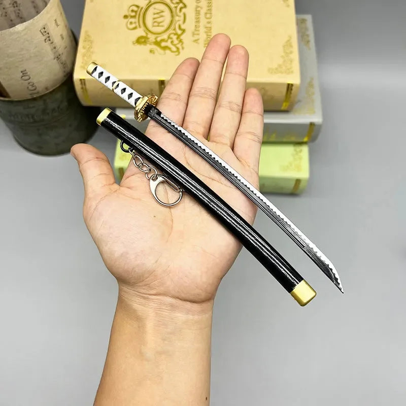 Hand holding 1:6 anime-style zinc alloy katana replica with black scabbard keychain