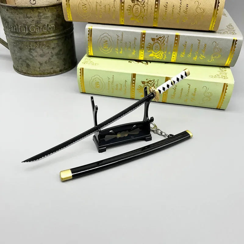 Anime-style 1:6 black and white katana replica on stand, zinc alloy collectible for display