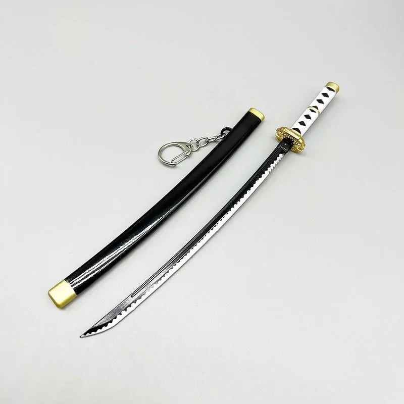 Anime-style 1:6 zinc alloy katana replica with black scabbard and keychain, collectible display.
