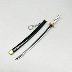 Anime-style 1:6 zinc alloy katana replica with black scabbard and keychain, collectible display.