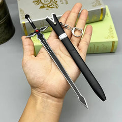 Hand holding a 1:6 anime-style zinc alloy sword replica with sheath keychain, BlacksmithSONG collectible.