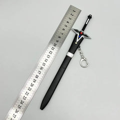 1:6 scale anime-style zinc alloy replica sword with sheath and keychain, next to ruler