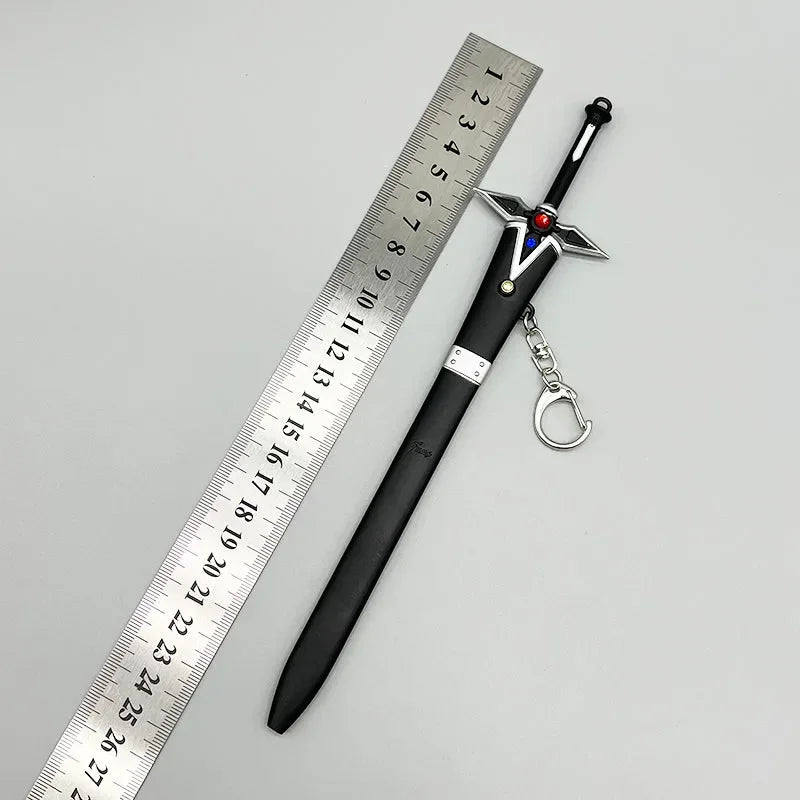 1:6 scale anime-style zinc alloy replica sword with sheath and keychain, next to ruler