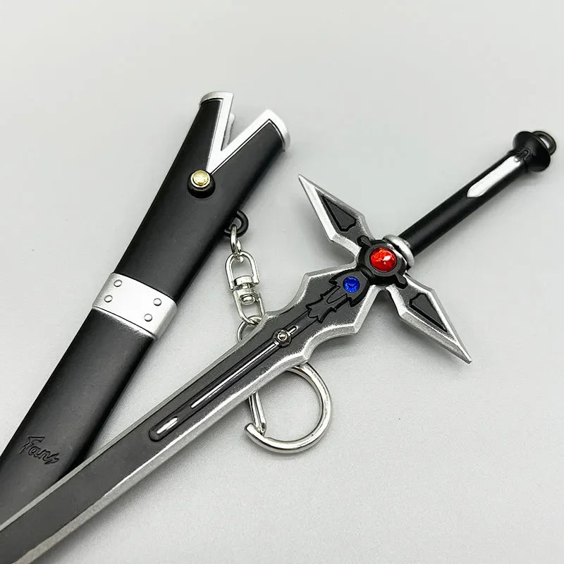 1:6 anime-style black zinc alloy sword replica with jeweled hilt and black sheath, collectible