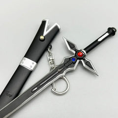 1:6 anime-style black zinc alloy sword replica with jeweled hilt and black sheath, collectible