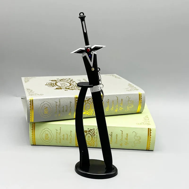 1:6 anime-style zinc alloy sword replica on black stand, with decorative books in background