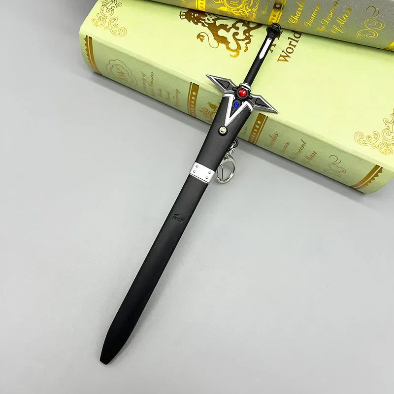 1:6 scale anime-style zinc alloy sword replica with keychain displayed on closed books