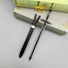 1:6 scale anime-style black zinc alloy sword replica with sheath, displayed on books