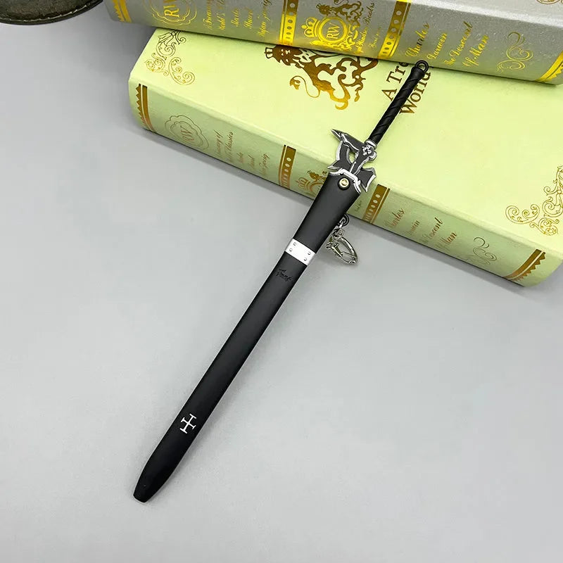 1:6 scale anime-style black zinc alloy sword replica on books, collectible for display or cosplay