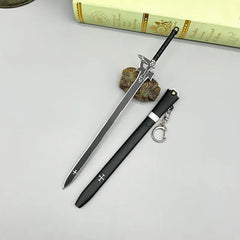 1:6 scale anime-style black zinc alloy sword replica with sheath and keychain on a gray surface.