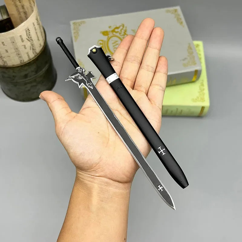Hand holding 1:6 scale anime-style zinc alloy sword replica with black sheath, BlacksmithSONG collectible.
