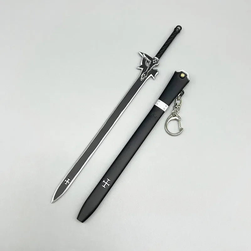 Anime-style black zinc alloy sword replica with sheath keychain from BlacksmithSONG.