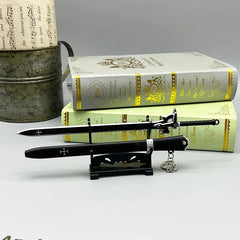 1:6 scale black anime sword replica with sheath and keychain on stand, BlacksmithSONG collectible.