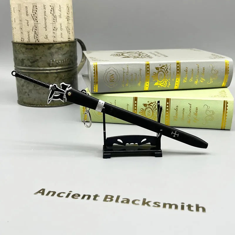 1:6 anime-style black zinc alloy sword replica on stand, collectible display from BlacksmithSONG