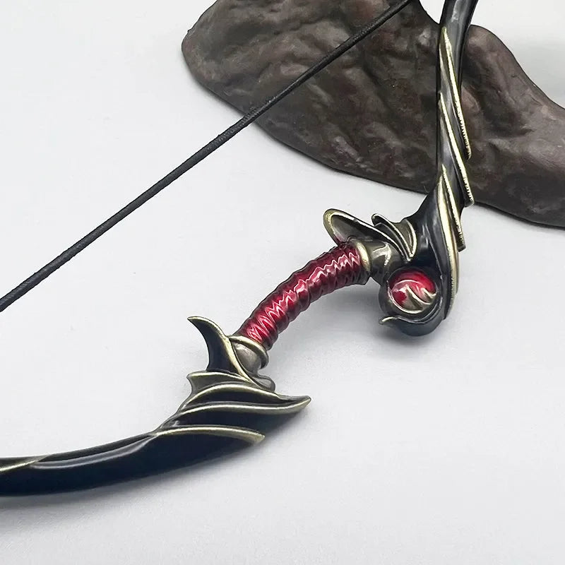 Anime-style 1:6 zinc alloy bow replica with ornate red and black handle, collectible display