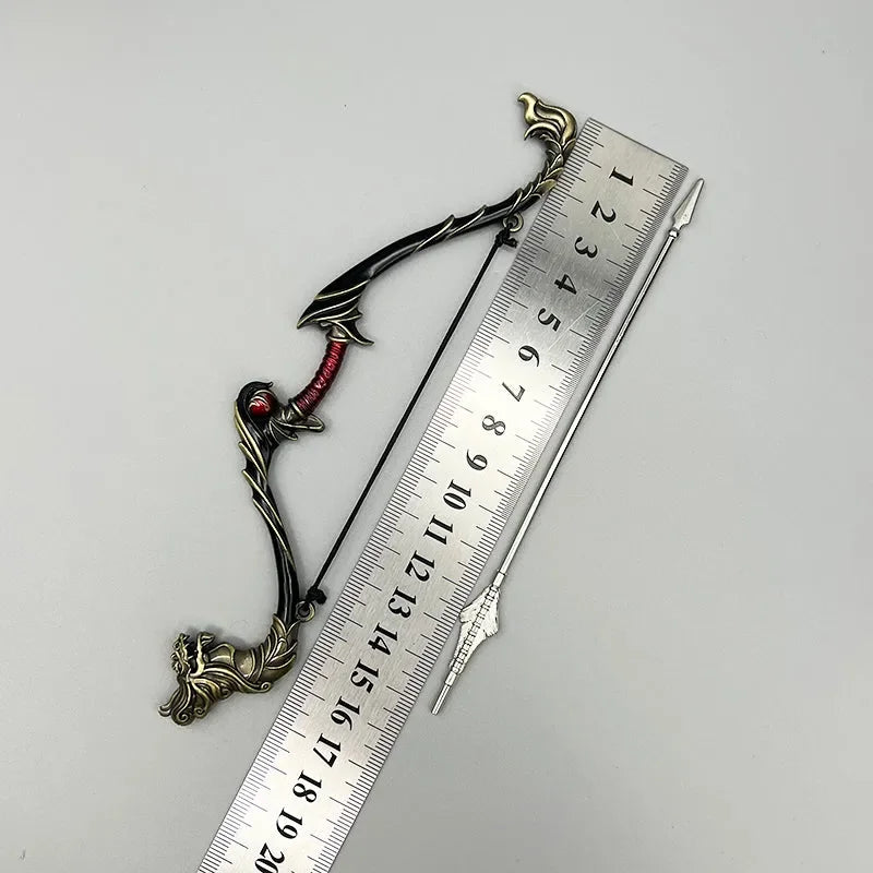 1:6 scale anime-style zinc alloy bow and arrow replica beside metal ruler on gray background