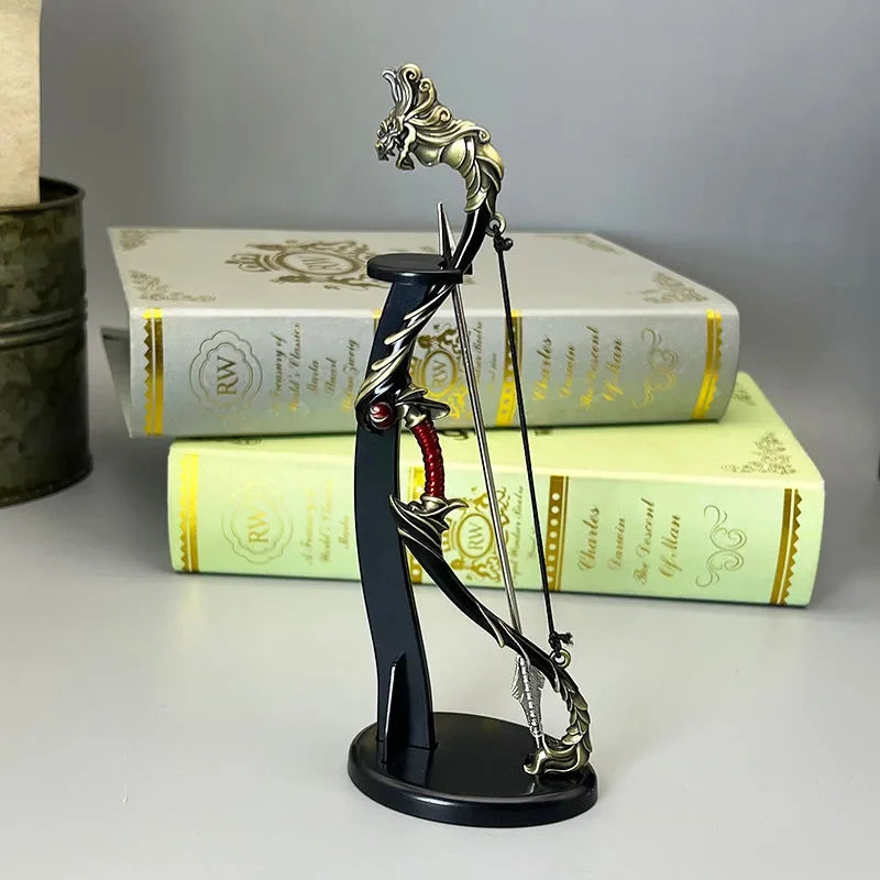 Anime-style zinc alloy bow replica collectible on stand with ornate dragon details