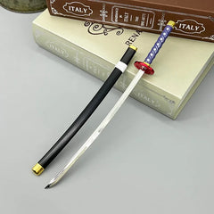 Anime-style zinc alloy katana replica with detailed handle and black scabbard for display.