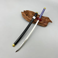 1:6 scale anime-style katana replica with blue handle on wooden stand, BlacksmithSONG collectible