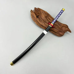 1:6 anime-style katana zinc alloy replica with purple handle on wood display, BlacksmithSONG collectible