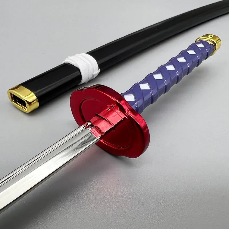 Anime-style 1:6 zinc alloy katana replica with purple handle, red guard, and black sheath