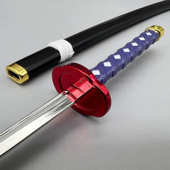 Anime-style 1:6 zinc alloy katana replica with purple handle, red guard, and black sheath