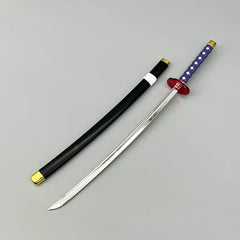 Anime-style 1:6 zinc alloy katana replica with blue handle and black sheath collectible