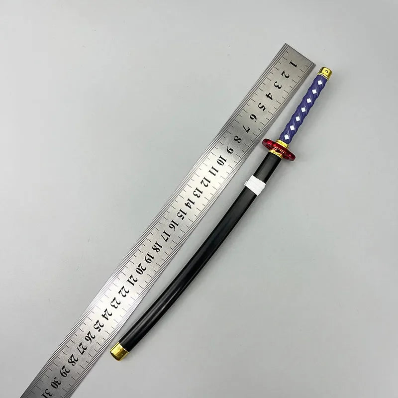 1:6 scale anime katana replica with blue handle beside a metal ruler, collectible display.