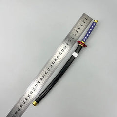 1:6 scale anime katana replica with blue handle beside a metal ruler, collectible display.