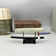 1:6 scale anime-style katana sword replica with blue handle on display stand, collectible decor