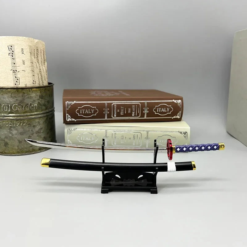 1:6 scale anime-style katana sword replica with blue handle on display stand, collectible decor