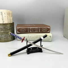 1:6 anime-style zinc alloy katana replica with blue handle on display stand, BlacksmithSONG collectible