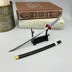 Anime-style 1:6 zinc alloy sword replica with purple handle on display stand, collectible weapon