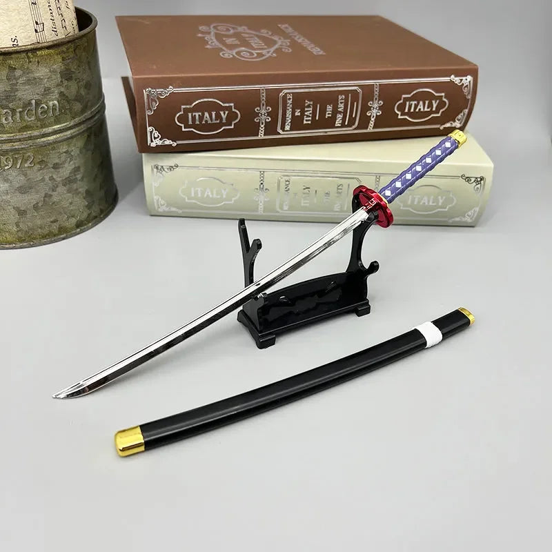 Anime-style 1:6 zinc alloy sword replica with purple handle on display stand, collectible weapon