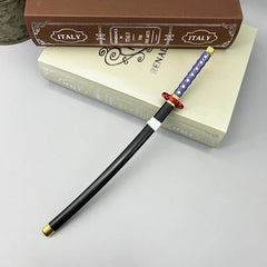 Anime-style 1:6 zinc alloy katana replica with blue handle, displayed on books