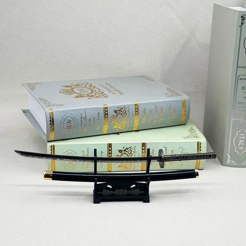 1:6 anime-style katana zinc alloy replica on display stand with decorative books, BlacksmithSONG collectible.