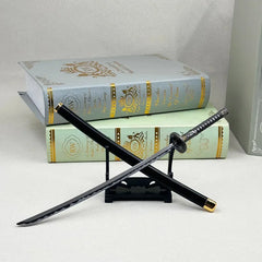 1:6 anime-style zinc alloy katana replica on stand, with hardcover books in background