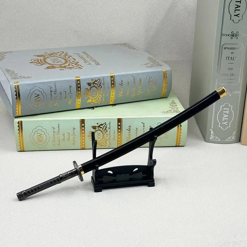 1:6 scale anime-style black katana replica on stand, books backdrop, BlacksmithSONG collectible