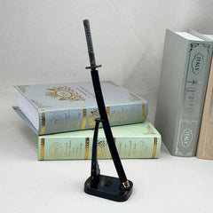 1:6 anime-style katana zinc alloy replica on stand, display books in background