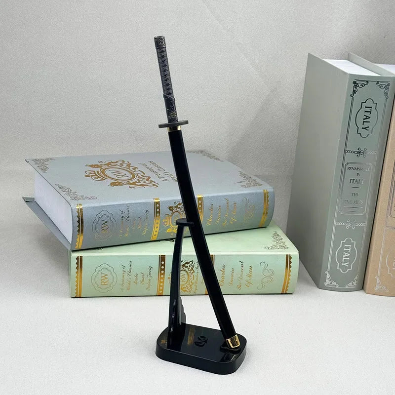 1:6 anime-style katana zinc alloy replica on stand, display books in background