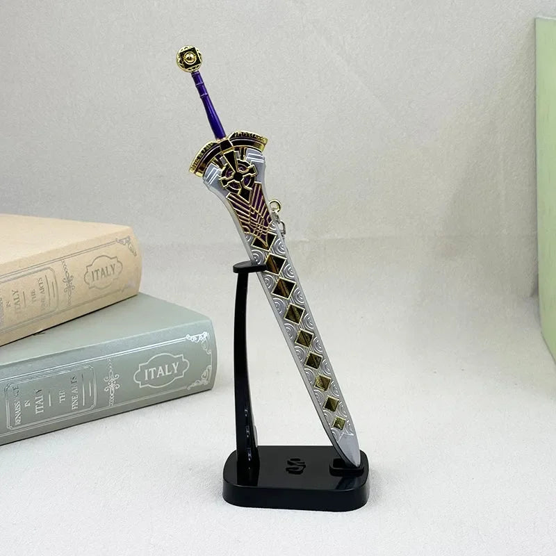 1:6 anime-style zinc alloy sword replica with gold details on black stand, books in background