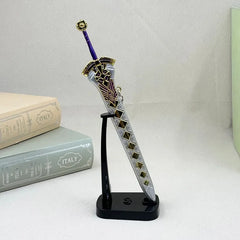 1:6 anime-style zinc alloy sword replica with gold details on black stand, books in background