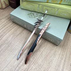1:6 anime-style zinc alloy sword replica with dragon handle on wood with books, BlacksmithSONG collectible.