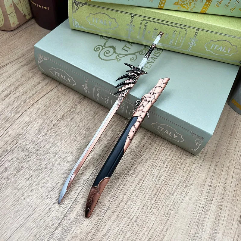 1:6 anime-style zinc alloy sword replica with dragon handle on wood with books, BlacksmithSONG collectible.