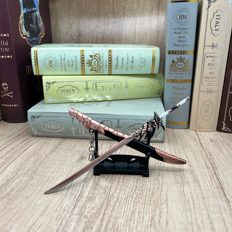 Anime-style 1:6 zinc alloy replica sword with sheath on stand, displayed by books
