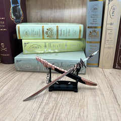 Anime-style 1:6 zinc alloy replica sword with sheath on stand, displayed by books