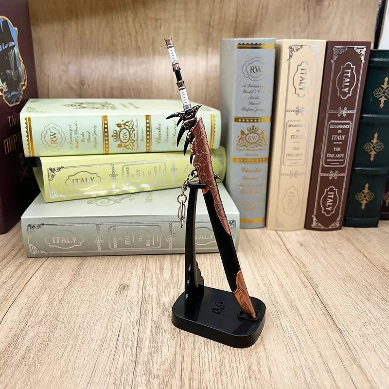 Anime-style 1:6 zinc alloy weapon replica on stand, displayed with books, BlacksmithSONG collectible.